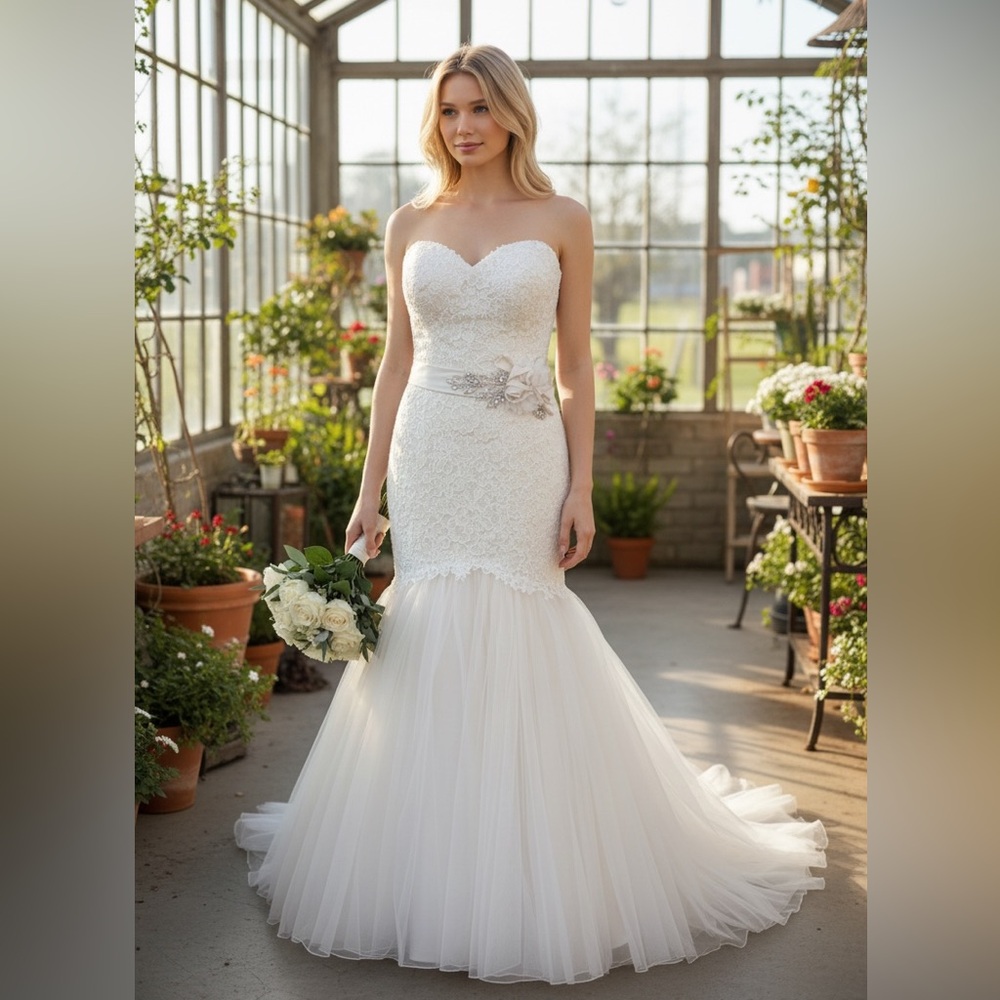 Allure Bridals Cream Lace Wedding Dress mermaid